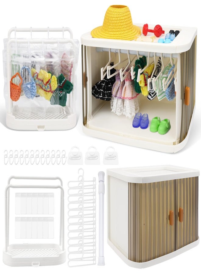 Catcan Doll Wardrobe Closet Foldable Doll Clothes Closet with Clothes Rack, Clothes Hangers and Storage Bags, Dust-Resistant Cover, Display Shelf and Sliding Doors (42Pcs) - Image 1